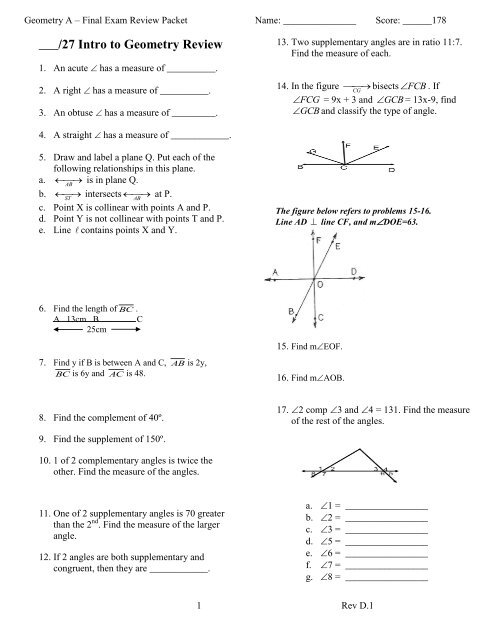 Geometry A: Final Exam Review Packet