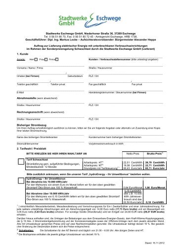 Vertragsformular Tarif Schwachlast - Stadtwerke Eschwege GmbH