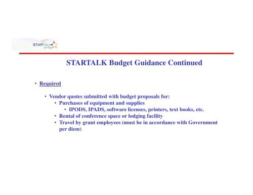 STARTALK Budget Guidance Continued