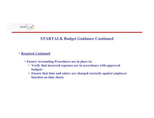 STARTALK Budget Guidance Continued