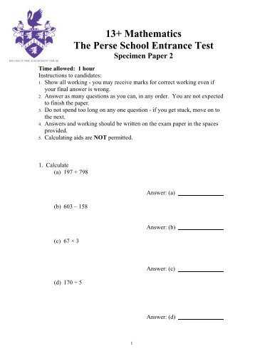 13+ Mathematics The Perse School Entrance Test Specimen Paper 2