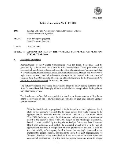 Policy Memo No. 2 - Mississippi State Personnel Board