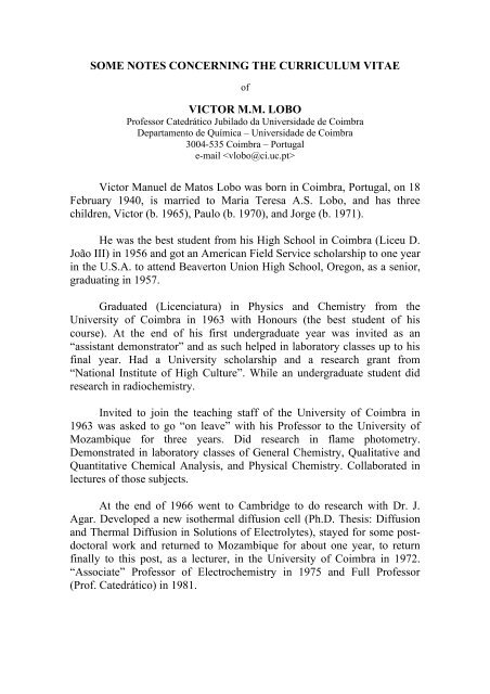 Curriculum Vitae of Professor Victor Matos Lobo - Centro de ...