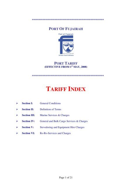 Tariff Index Port Of Fujairah