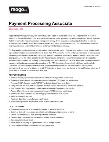 Payment Processing Associate - Mogo.ca