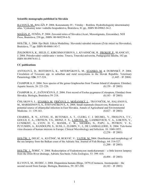 Research output & citations 2004 - ÃƒÂšstav zoolÃƒÂ³gie SAV