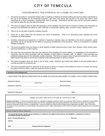 Business License Application for Home Occupation - City of Temecula