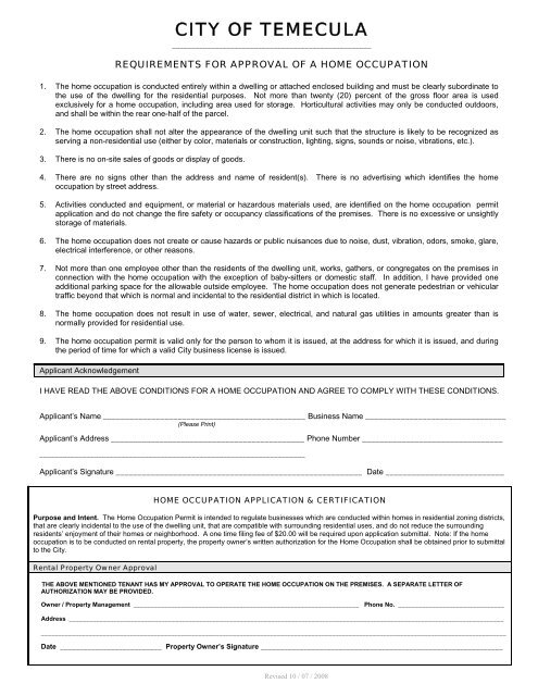 Business License Application for Home Occupation - City of Temecula