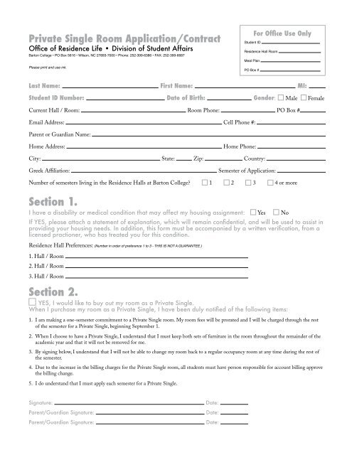 Application for Private Single Room (pdf) - Barton College