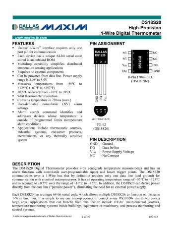 DS18S20 High-Precision 1-Wire Digital Thermometer