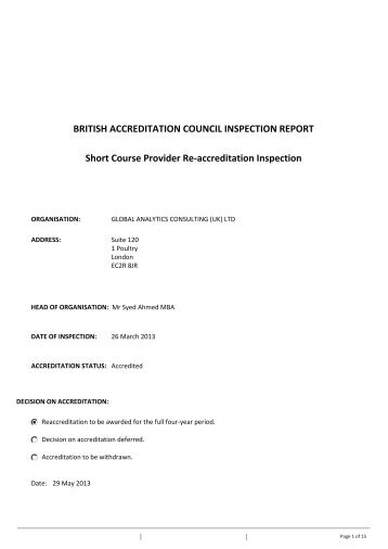 BRITISH ACCREDITATION COUNCIL INSPECTION REPORT ... - BAC