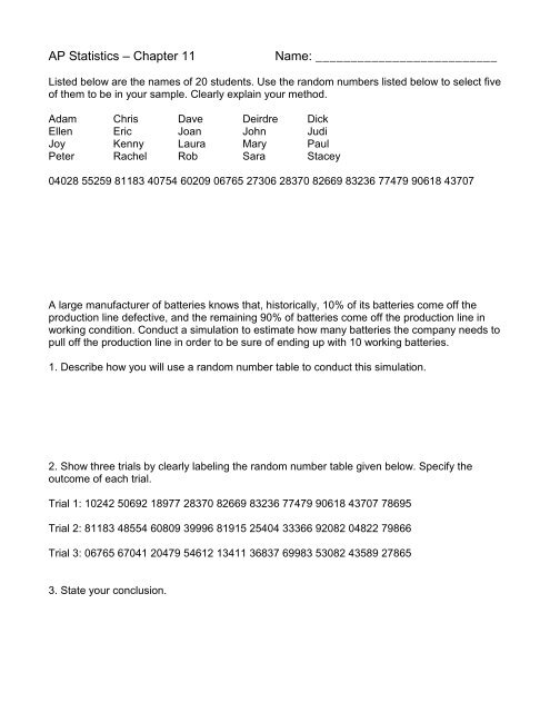 AP Statistics Chapter 11 Worksheet Rev2
