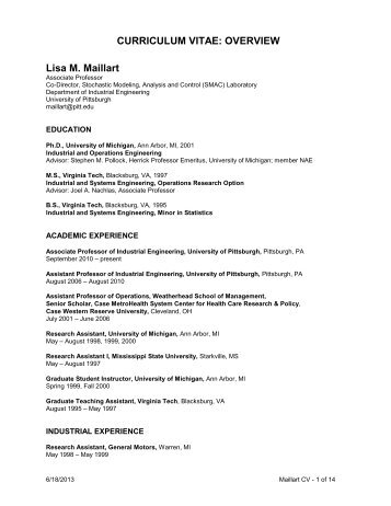 CURRICULUM VITAE: OVERVIEW Lisa M. Maillart - Swanson ...