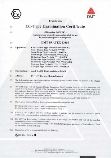 EC-Type Examination Certificate DMT 99 ATEX E016 - Jacob GmbH