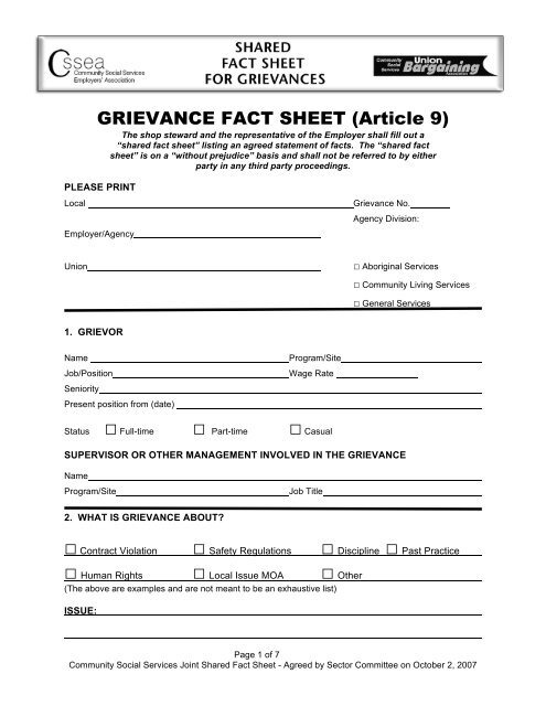 GRIEVANCE FACT SHEET (Article 9) - BC Government and Service ...