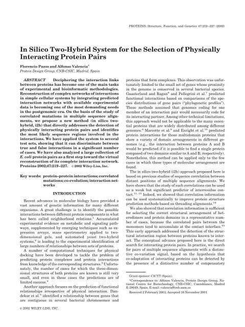 In Silico Two-Hybrid System for the Selection of Physically ...
