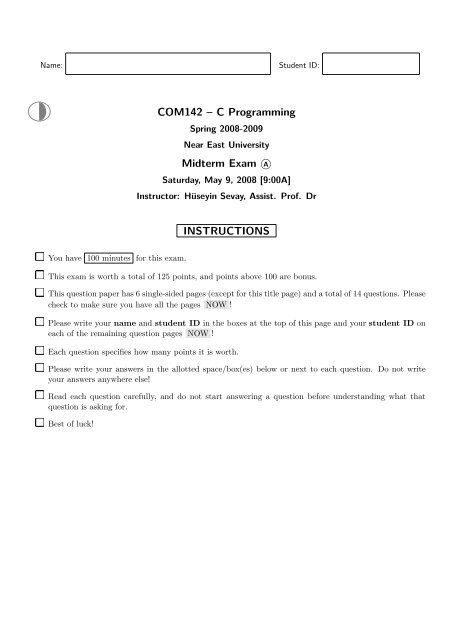 Com142 A C Programming Midterm Exam A N Instructions