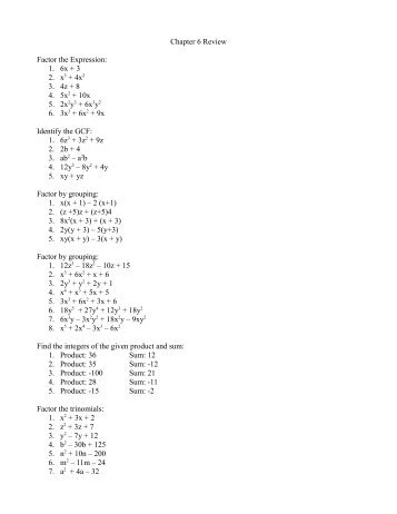 Chapter 6 Review Factor the Expression: 1. 6x + 3 2. x3 + 4x2 3. 4z ...