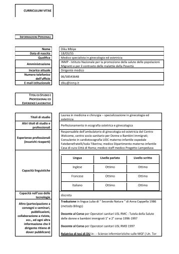 CURRICULUM VITAE Nome Diku Mbiye Data di nascita 18 ... - Inmp