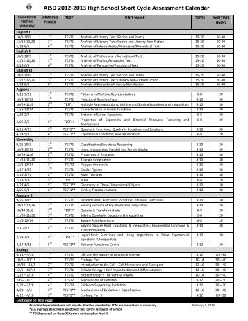 AISD 2012-2013 High School Short Cycle Assessment Calendar