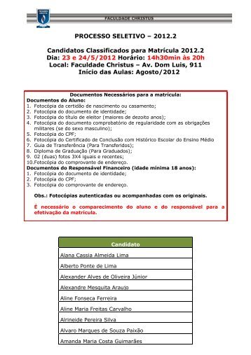 Confira o Resultado - Faculdade Christus