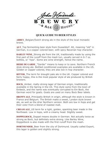 QUICK GUIDE TO BEER STYLES