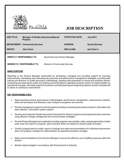 JOB DESCRIPTION - City of Peterborough