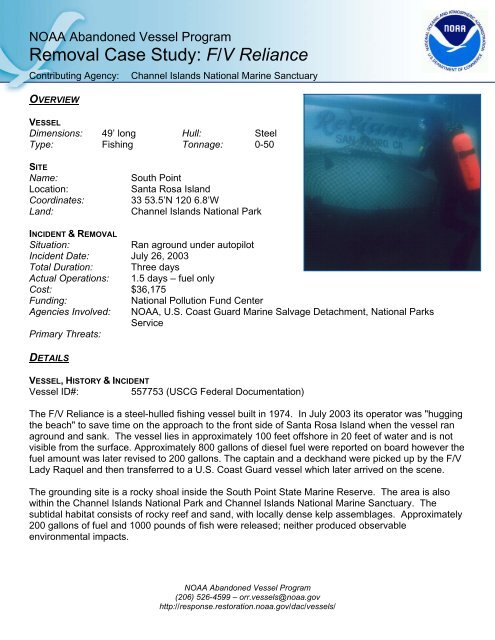 Removal Case Study: F/V Reliance - NOAA's Ocean Service Office ...