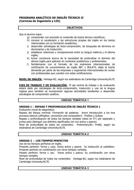 PROGRAMA ANALÃTICO DE INGLÃS TÃCNICO II ... - UTN FRGP