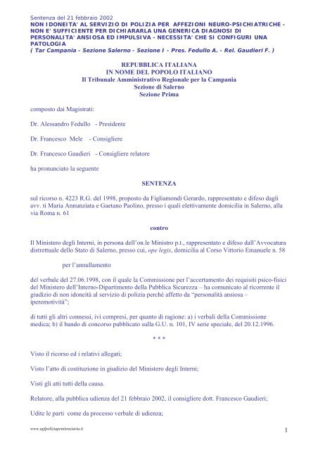 Sentenza del 21 febbraio 2002_Non idoneitÃ  al servizio di polizia