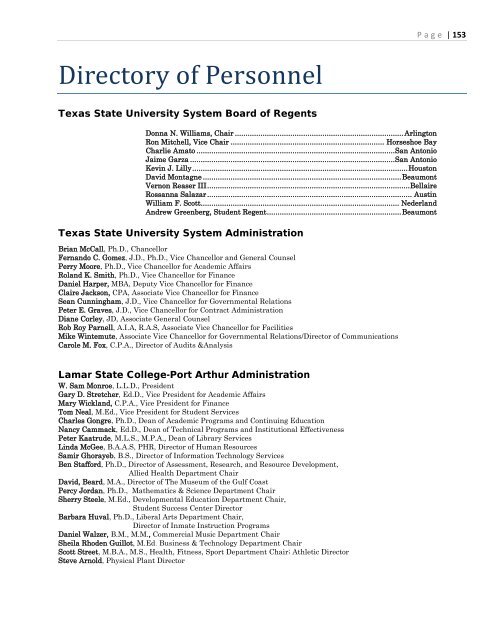 Directory of Personnel - Lamar State College - Port Arthur
