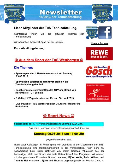 14.2013 Newletter der Tennisabteilung - TuS Wettbergen