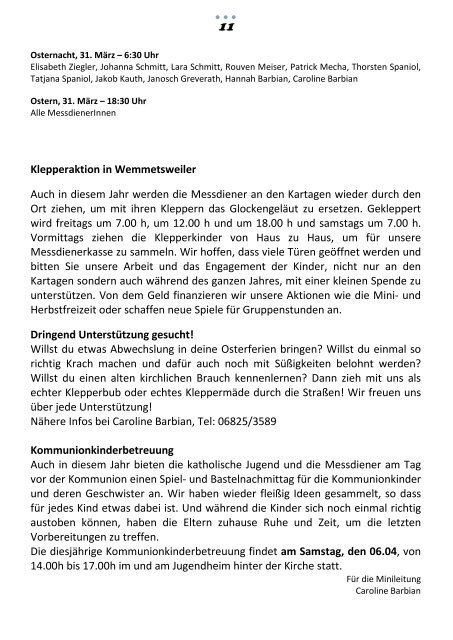 Messdienerplan Wemmetsweiler - KaKiGem.DE