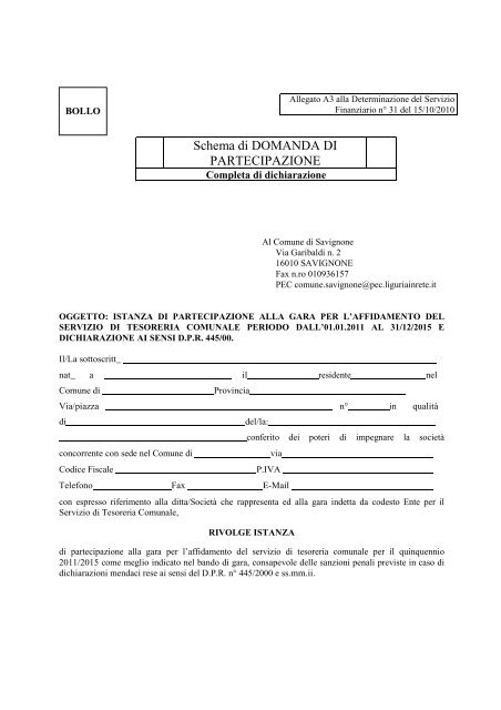 Modello istanza di ammissione completo di dichiarazione