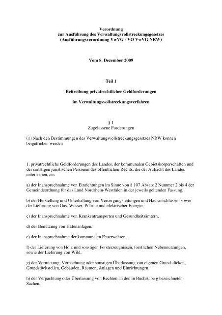 Ausführungsverordnung VwVG - VO VwVG NRW