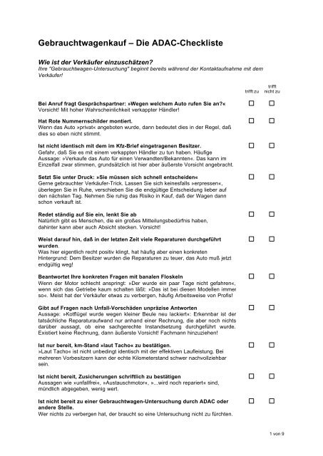 Gebrauchtwagenkauf â€“ Die ADAC-Checkliste - Kfztech.de