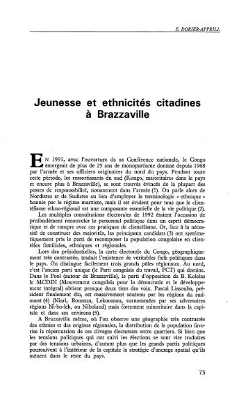 Jeunesse et ethnicitÃ©s citadines Ã  Brazzaville - Politique Africaine