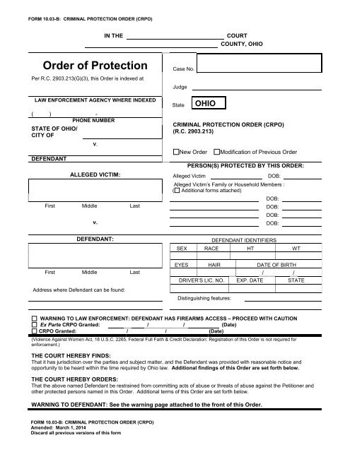 Form 10.03-B: Criminal Protection Order - Supreme Court - State of ...