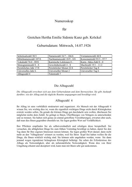 Numeroskop für Gretchen Hertha Emilie Sidonie Kunz geb - Kabbala