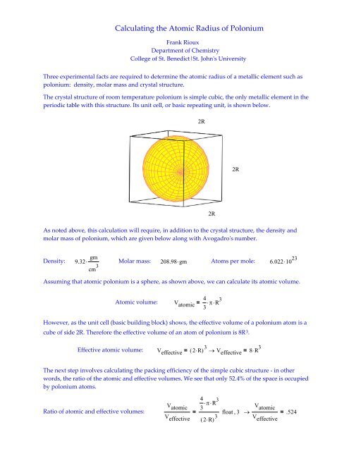 Calculating The Atomic Radius Of Polonium Users Csbsju Edu
