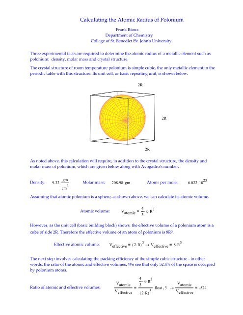 Calculating the Atomic Radius of Polonium - Users.csbsju.edu