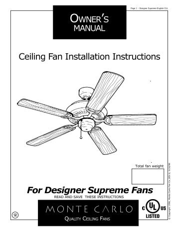 For Designer Supreme Fans Ceiling Fan Installation Instructions