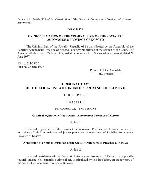 CRIMINAL LAW OF THE SOCIALIST AUTONOMOUS ... - Eulex