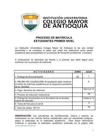 proceso de matrÃ­cula estudiantes primer nivel - Colegio Mayor de ...