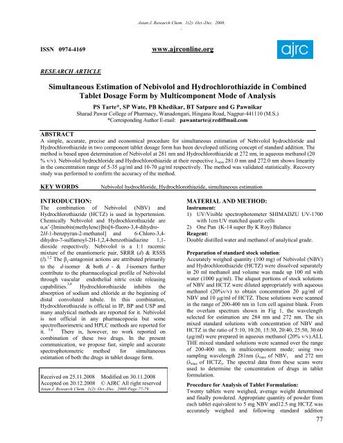 Simultaneous Estimation of Nebivolol and Hydrochlorothiazide in ...