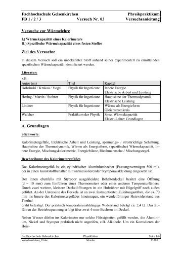Fachhochschule Gelsenkirchen Physikpraktikum FB 1 / 2 / 3 ...
