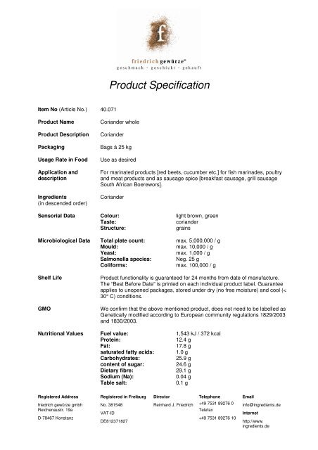 Product Specification - Friedrich Ingredients