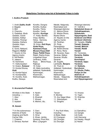 State/Union Territory-wise list of Scheduled Tribes in India I. Andhra ...