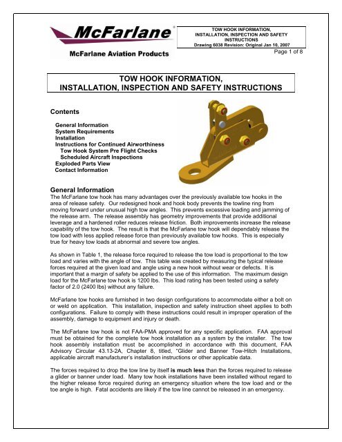 tow hook information, installation, inspection and safety instructions
