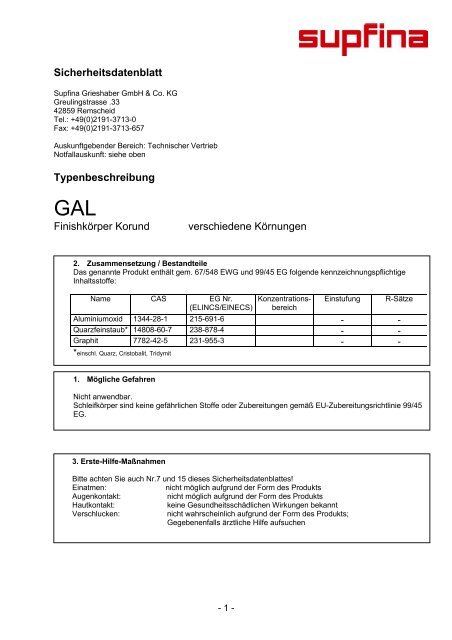 Sicherheitsdatenblatt Typenbeschreibung Finishkörper Korund ...